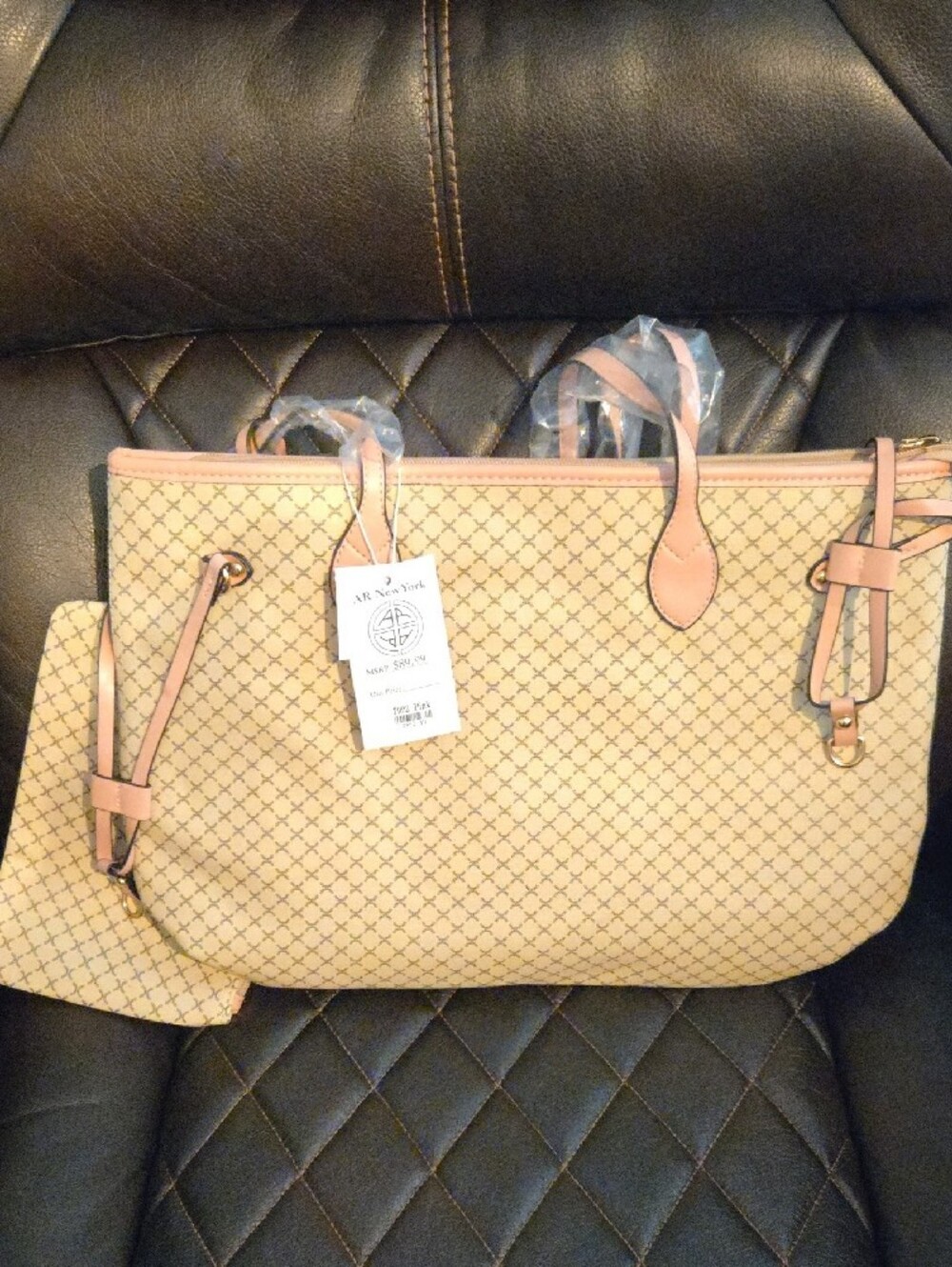 Classic Beige Tote Bag with Pink Trim
